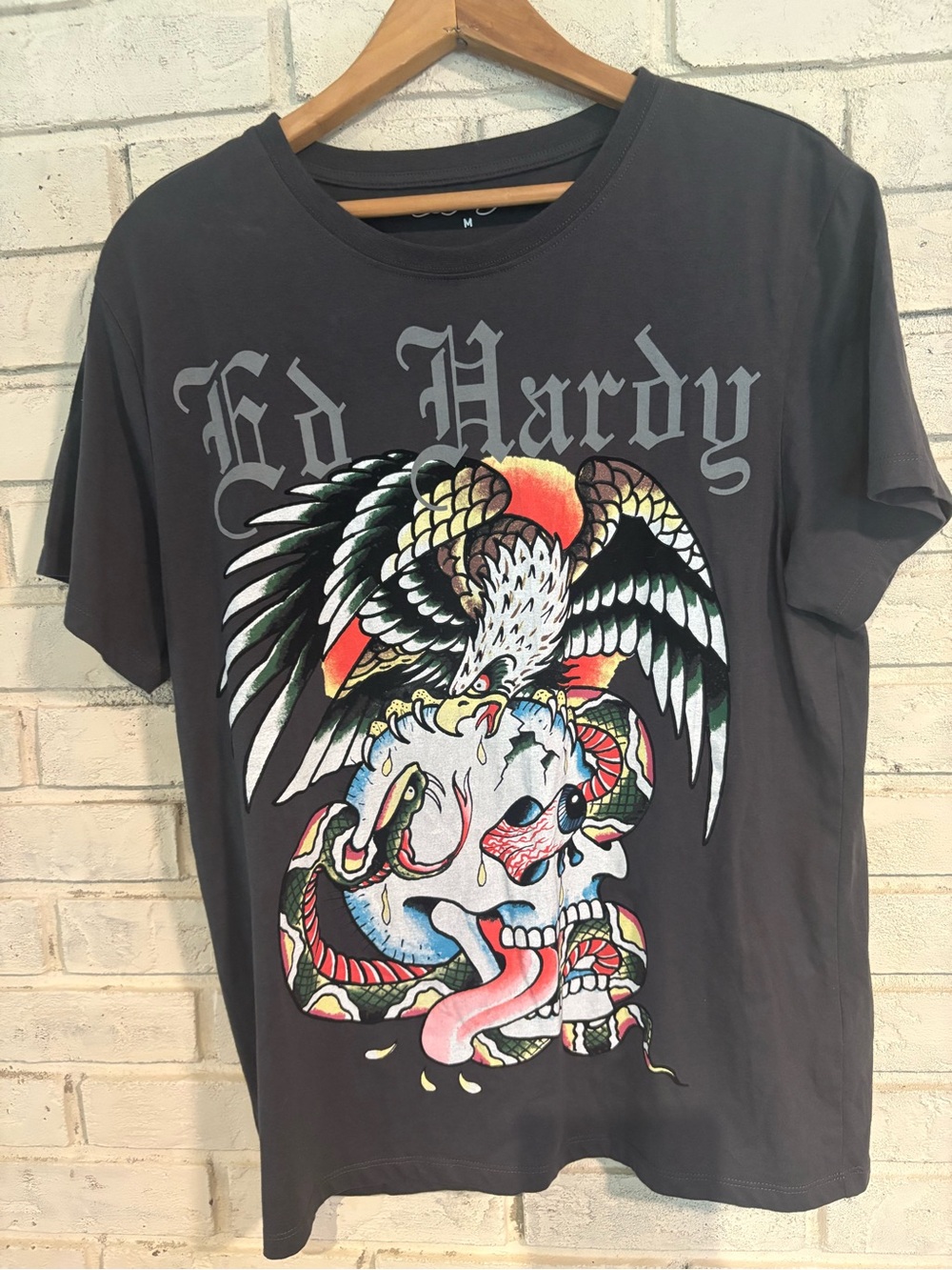 Ed Hardy Black Short-Sleeve Tee with Multicolor Skull, Eagle & Snake Graphic
